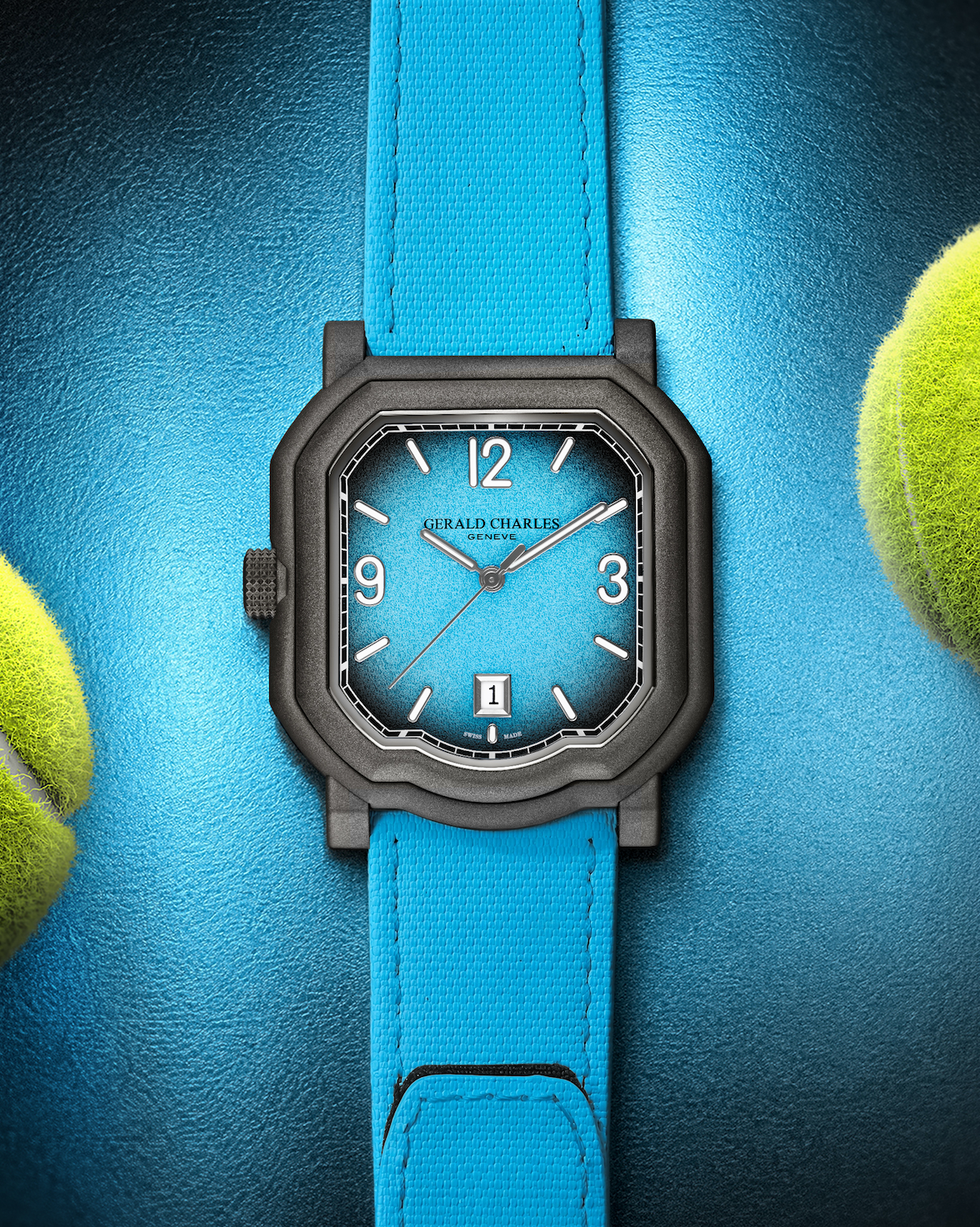 Montre Gerald Charles bleue entourée de balles de tennis