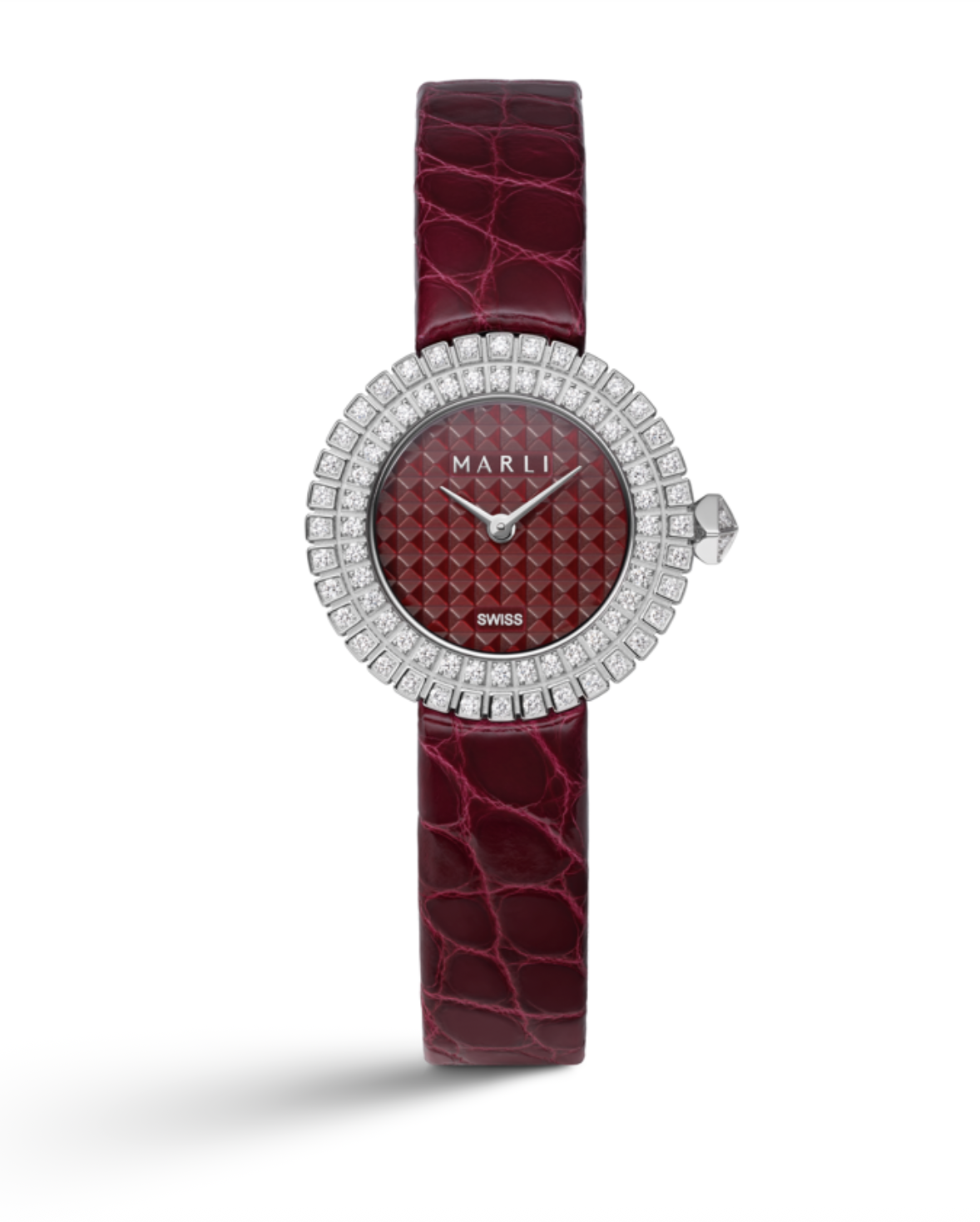 Montre Marli bordeaux à diamants sur bracelet cuir