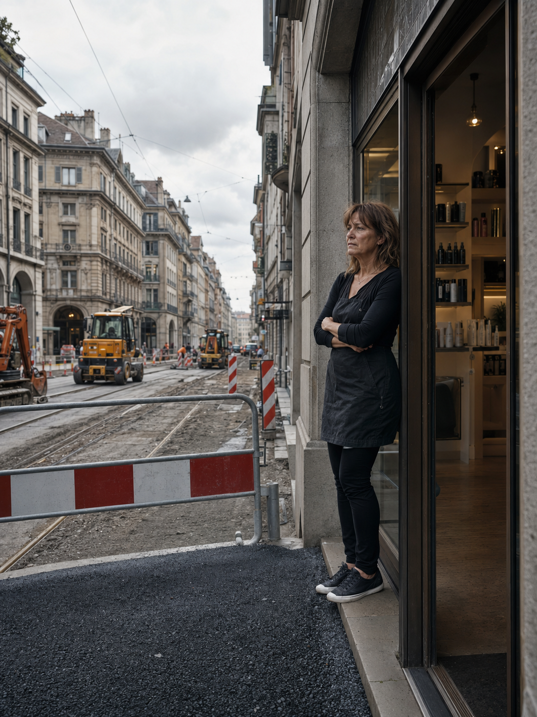 Femme devant boutique rue en travaux