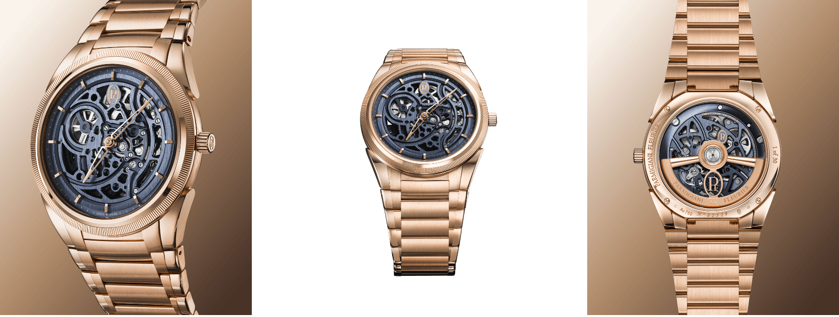 Montre mécanique squelettée en or rose, vue recto et verso
