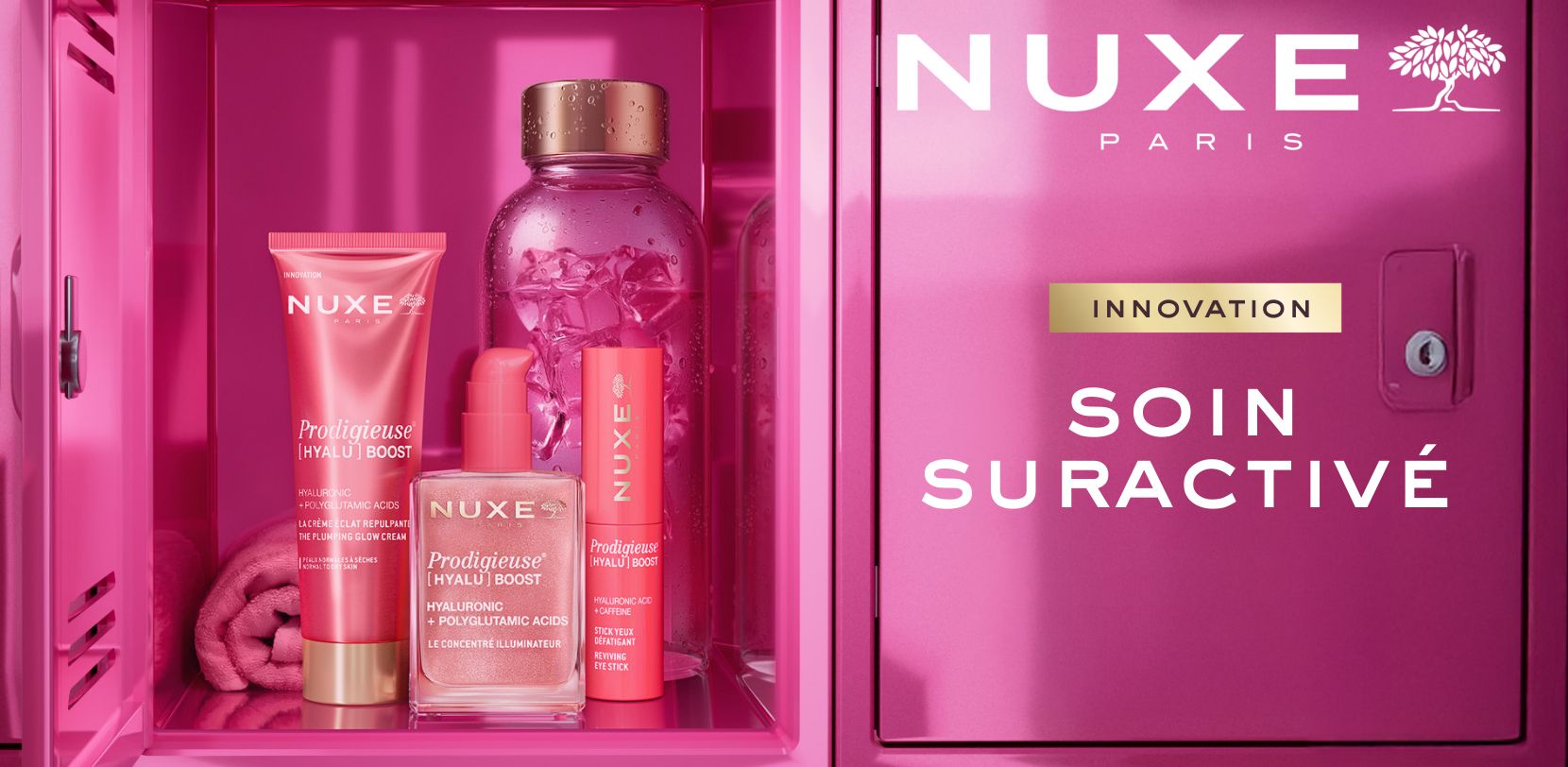 Produits NUXE roses dans un casier réfrigéré