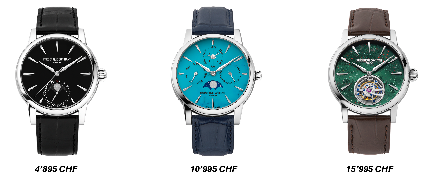 Trois montres Frédérique Constant à complications sur fond noir