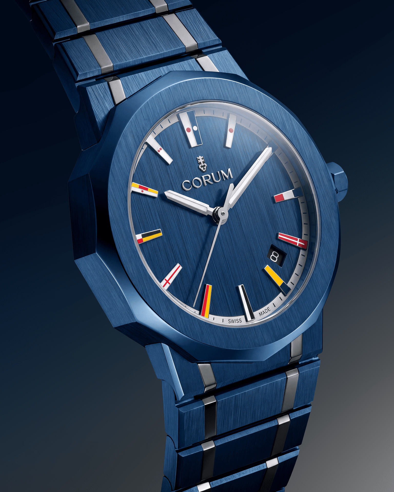 Montre Corum bleue avec cadran nautique et bracelet intégré