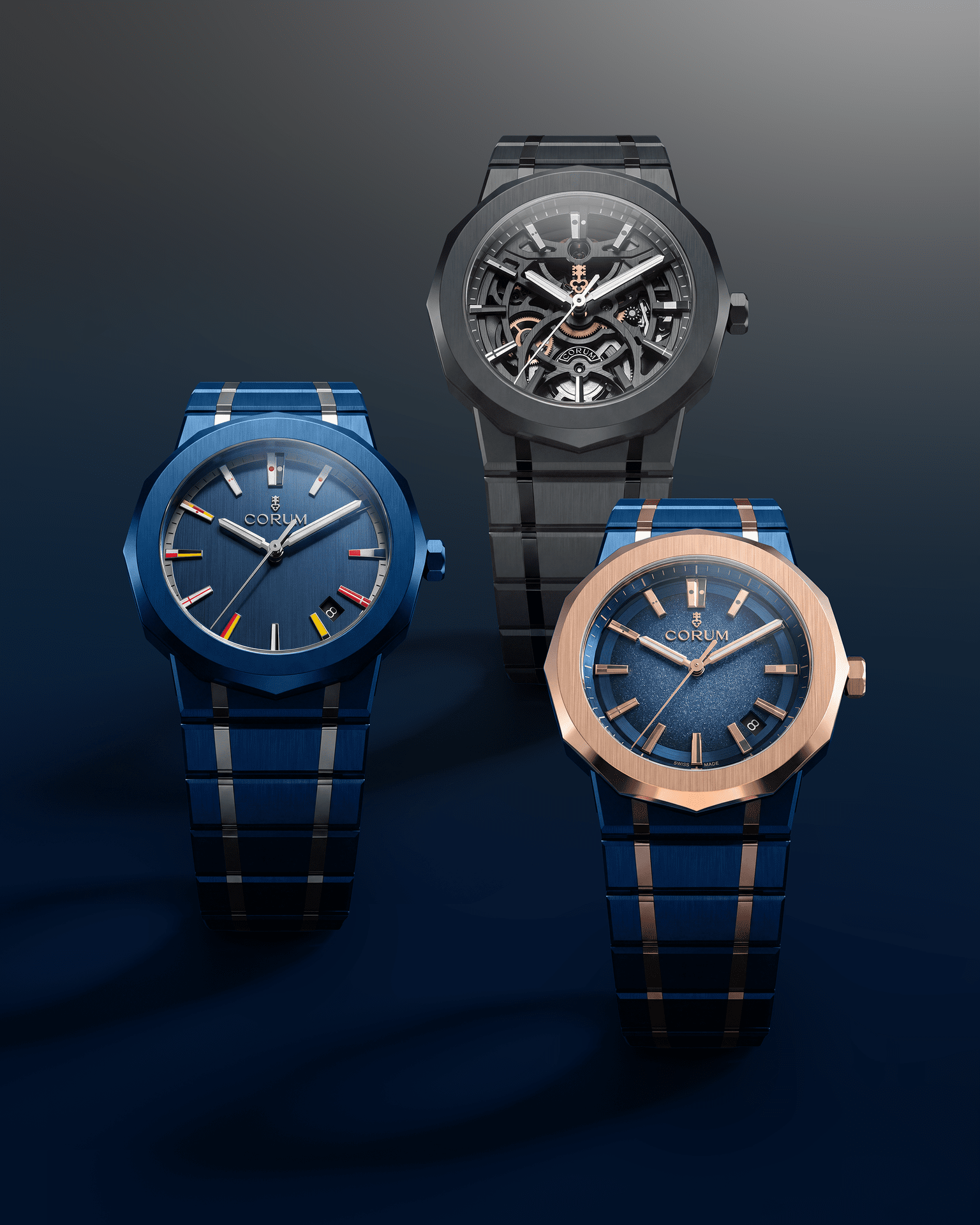 Trois montres Corum de luxe aux cadrans bleus