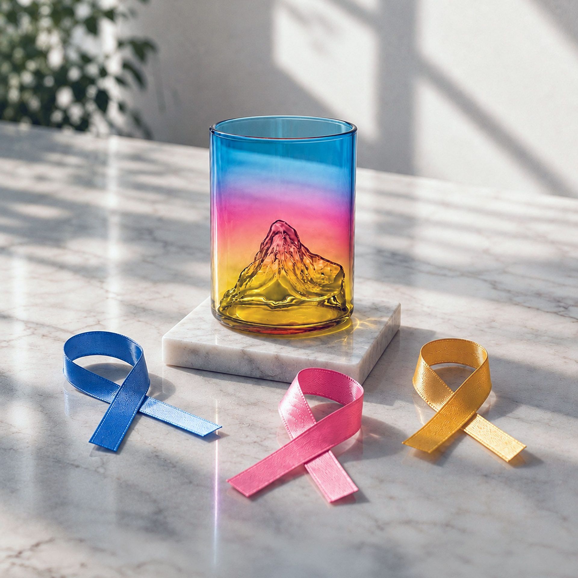 Verre dégradé coloré avec relief montagne sur marbre