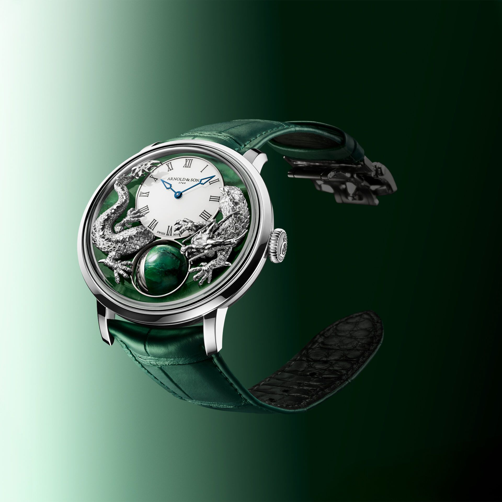 Montre de luxe verte au dragon sculpté