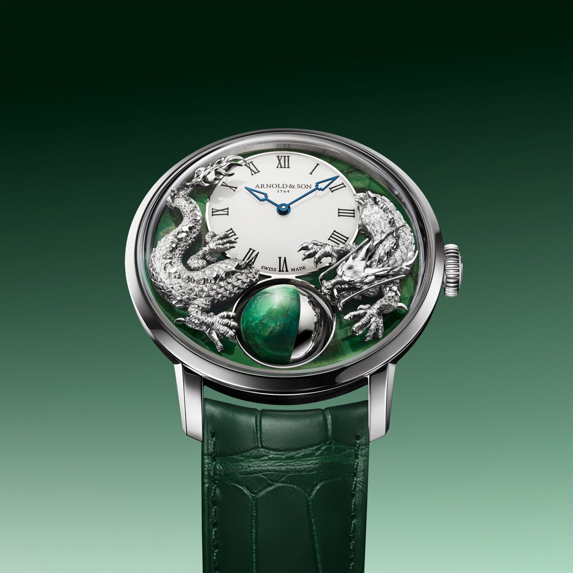 Montre de luxe cadran vert dragons argentés