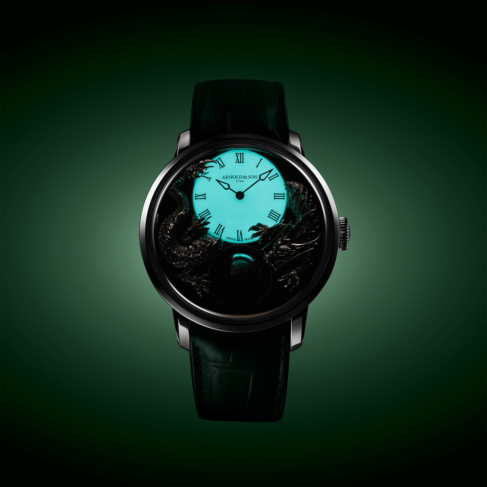 Montre de luxe cadran turquoise dragons sculptés