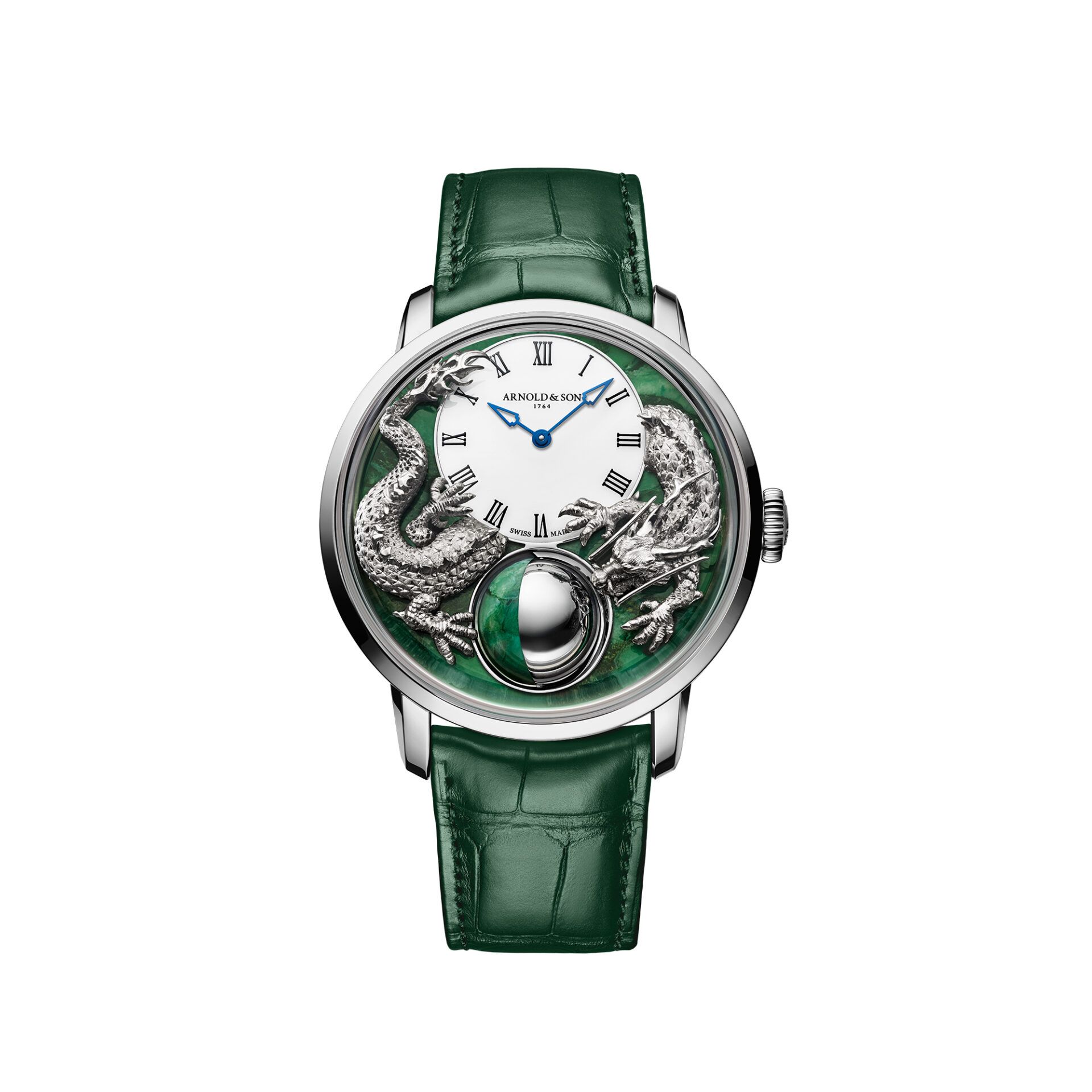 Montre de luxe verte aux dragons argentés