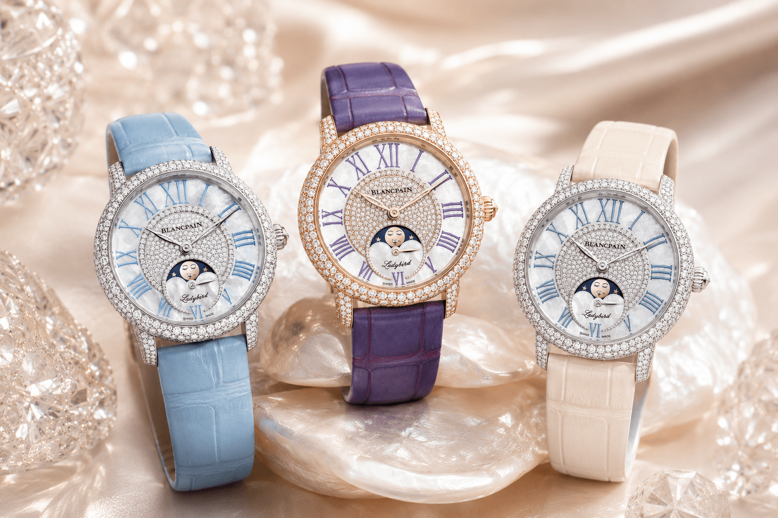 Trois montres Blancpain serties de diamants pastel