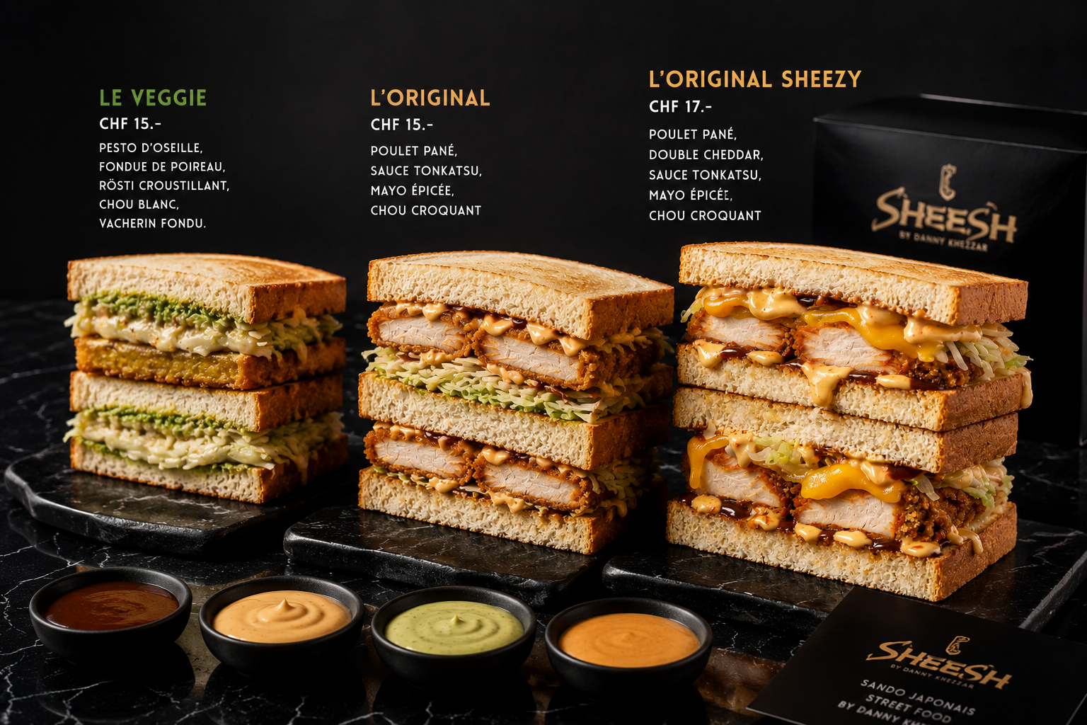 Trois sandwichs gourmets au poulet et veggie