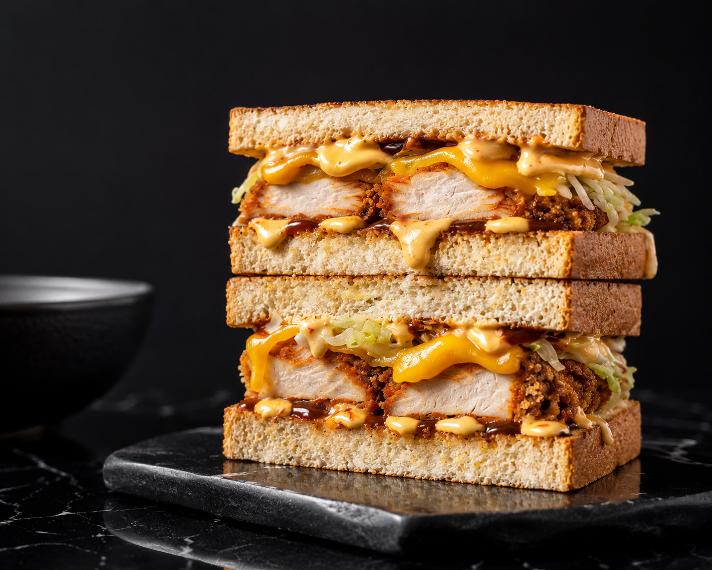 Sandwich poulet frit, fromage fondu et sauce