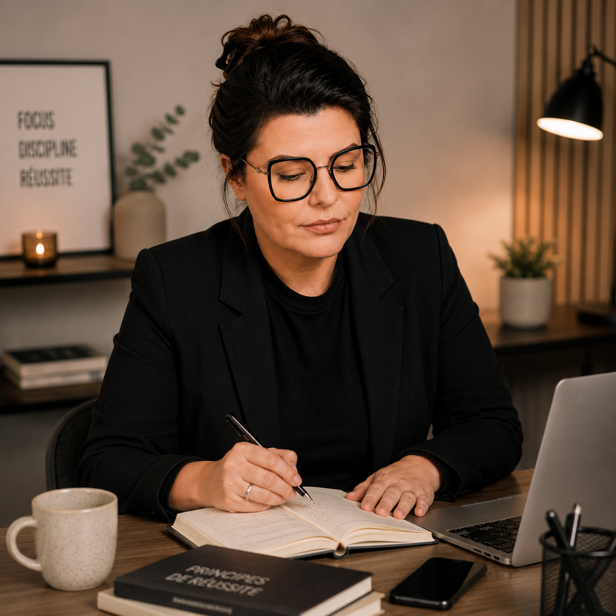 Femme écrivant dans un carnet au bureau