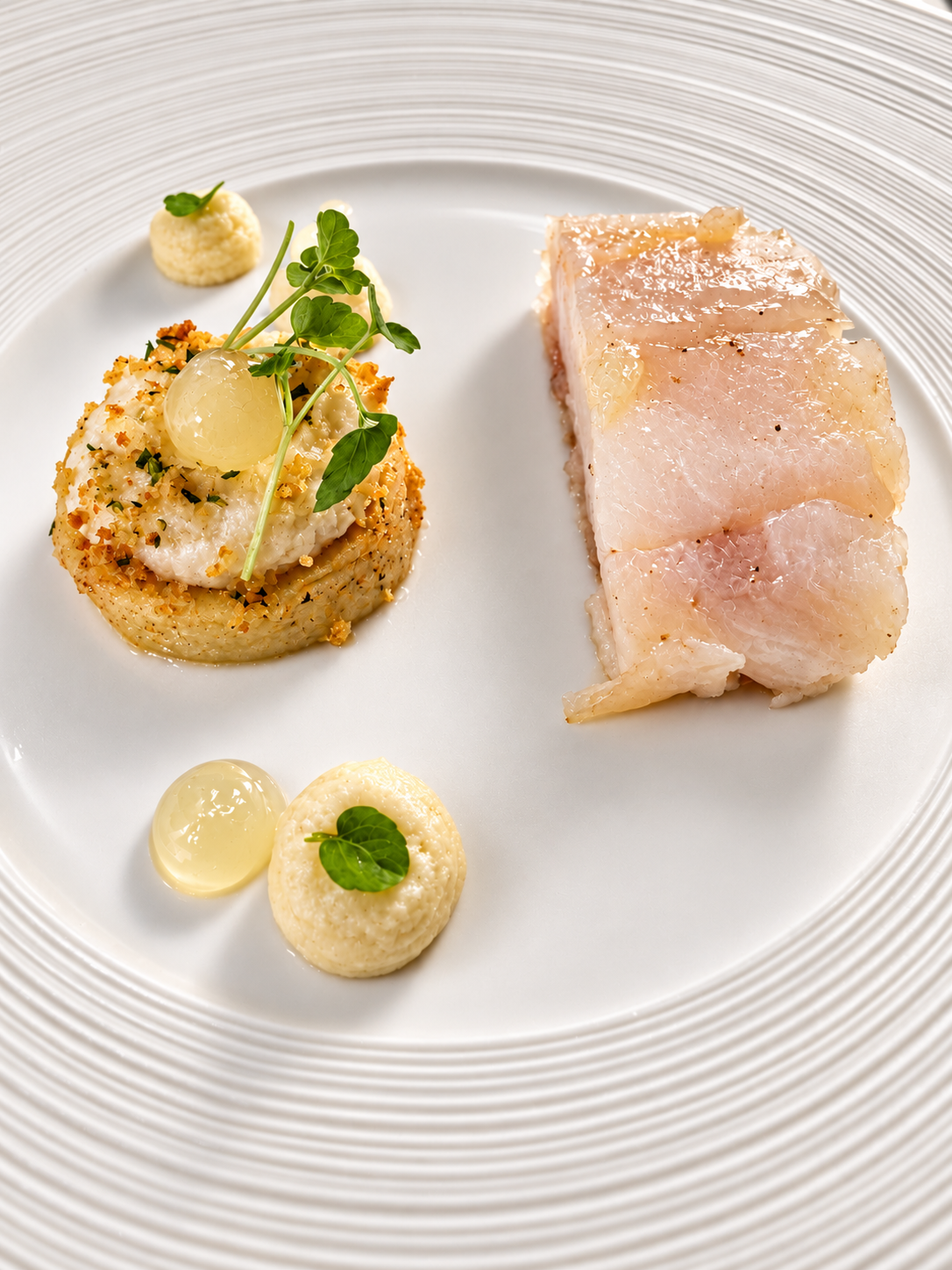Filet de poisson, risotto crémeux et garnitures raffinées