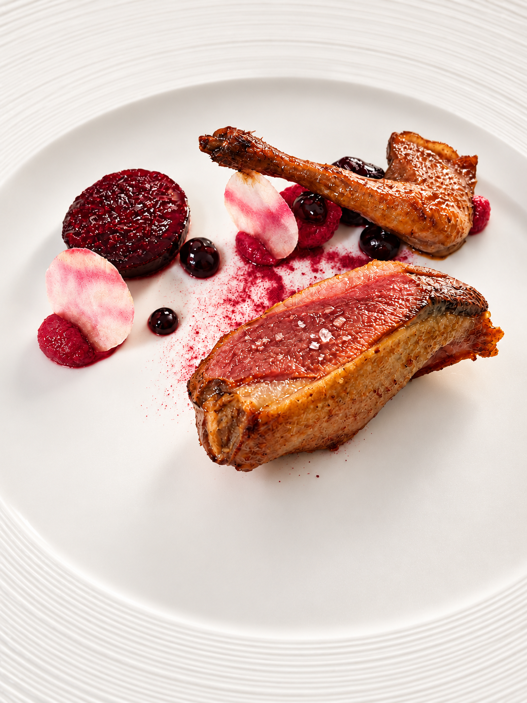Canard rôti, betterave et fruits rouges sur assiette blanche