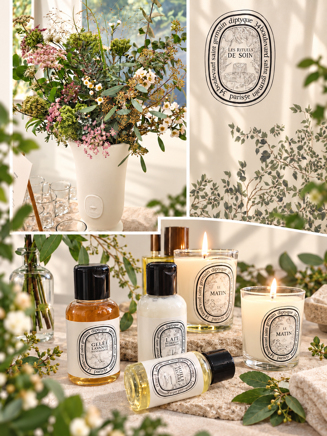 Collection Diptyque Les Rituels du Soin avec fleurs et bougies