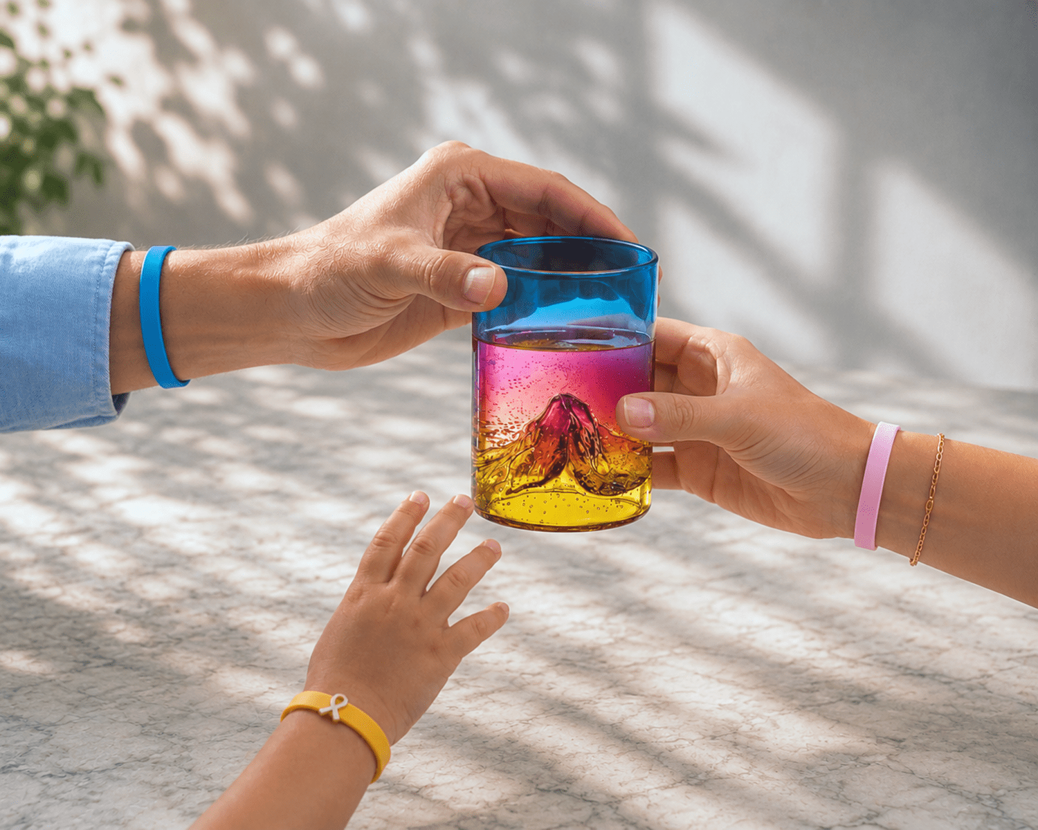 Trois mains autour d’un verre coloré rempli de boisson