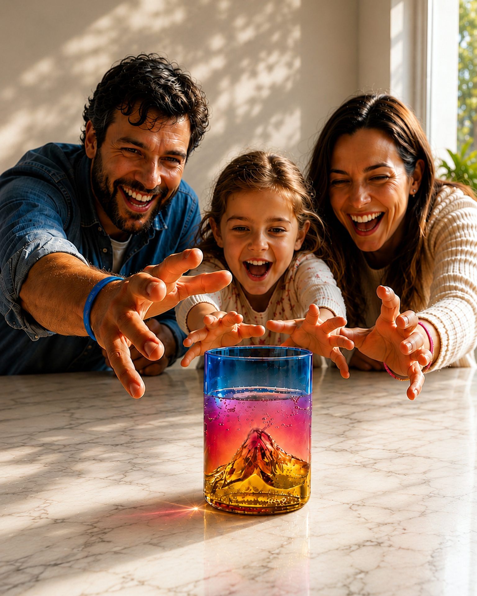 Famille souriante observant une expérience scientifique colorée
