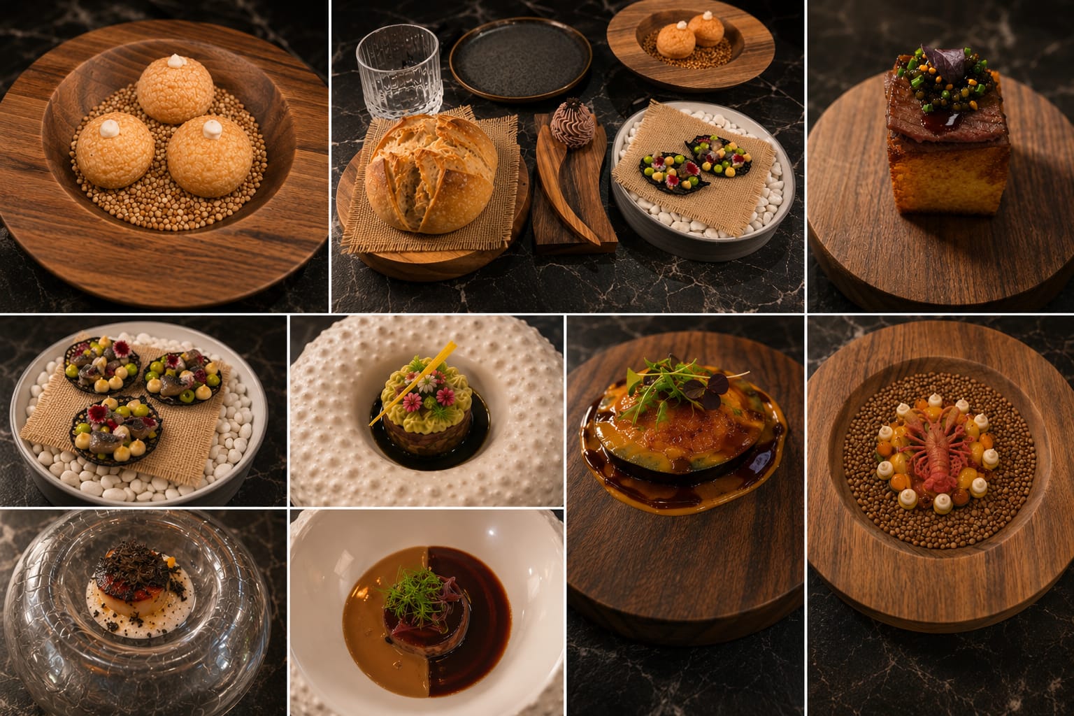 Assortiment de plats gastronomiques artistiquement dressés