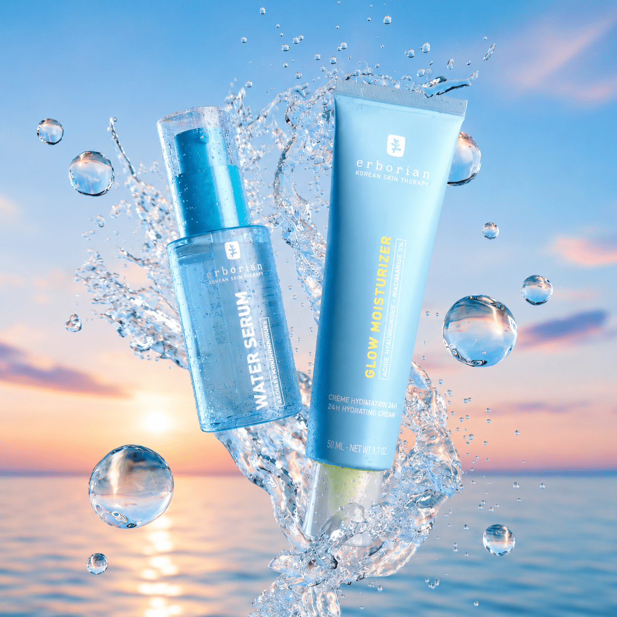 Sérum et crème Erborian éclaboussés d’eau
