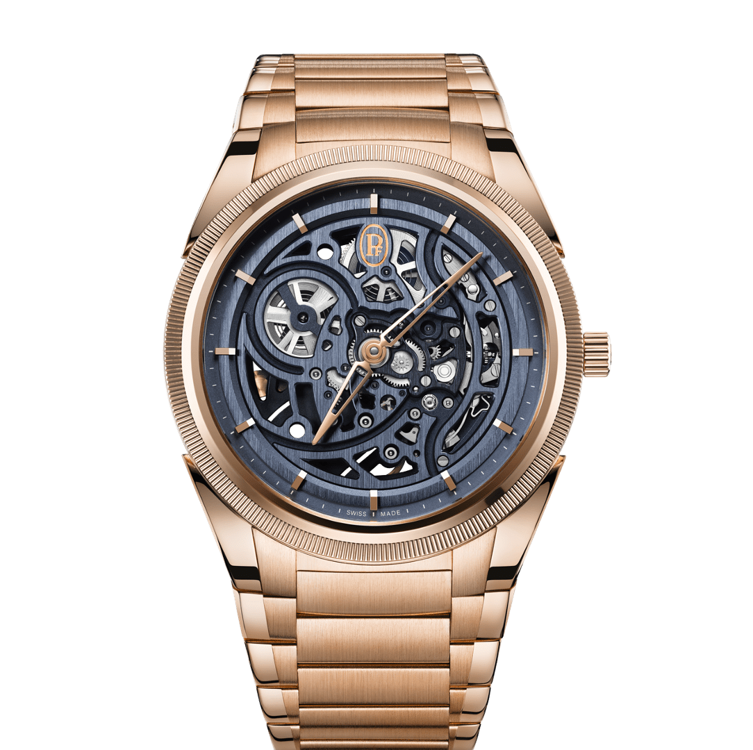 Montre mécanique squelette en or rose, cadran bleu