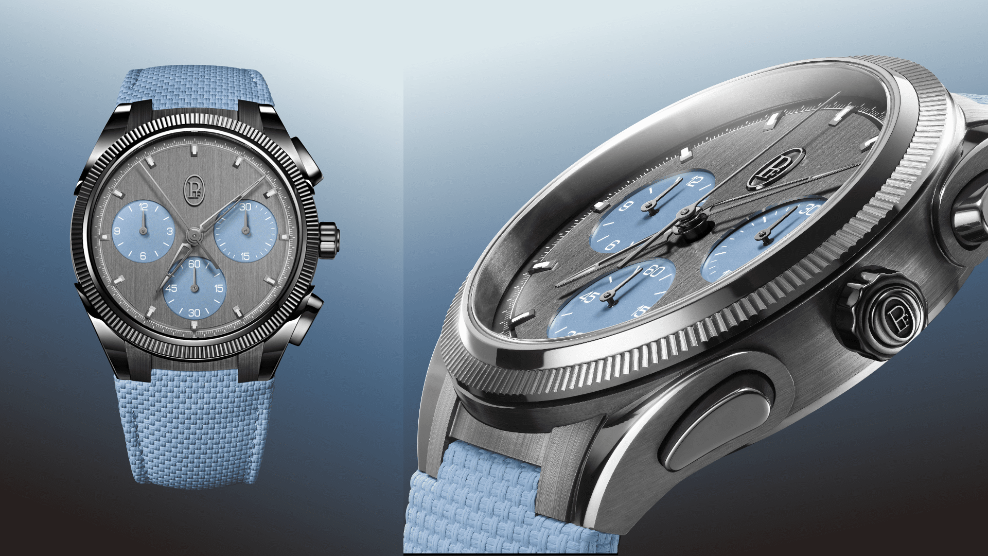 Montre chronographe acier cadran gris et bleu