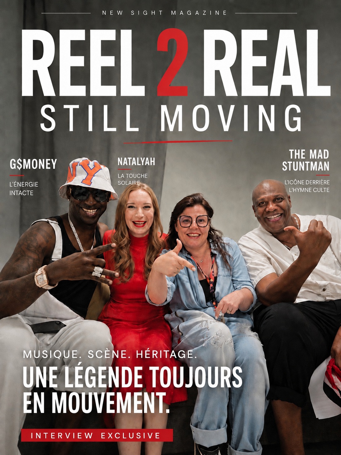 Couverture magazine avec quatre artistes souriants assis
