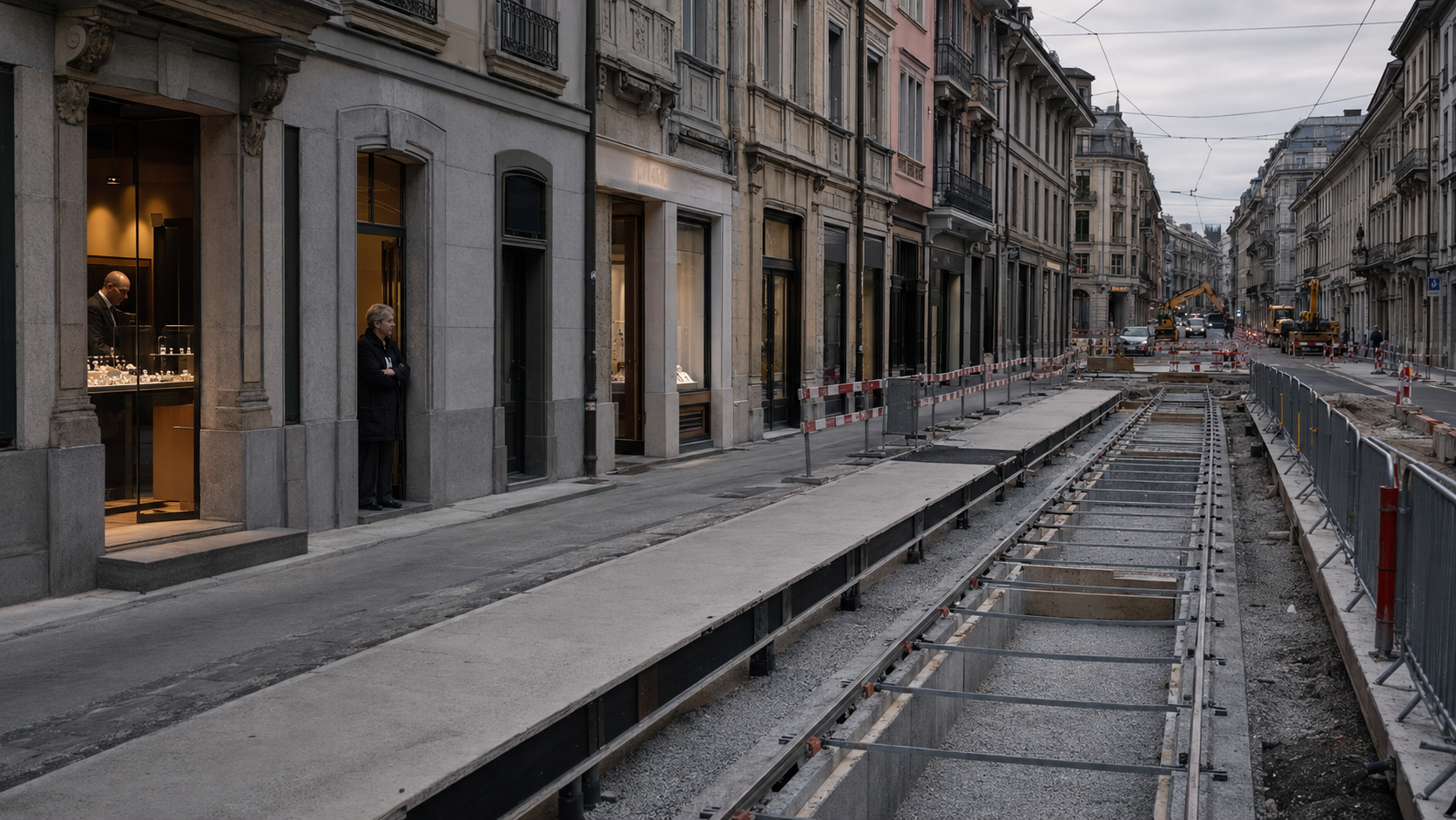 Rue en travaux avec rails de tramway