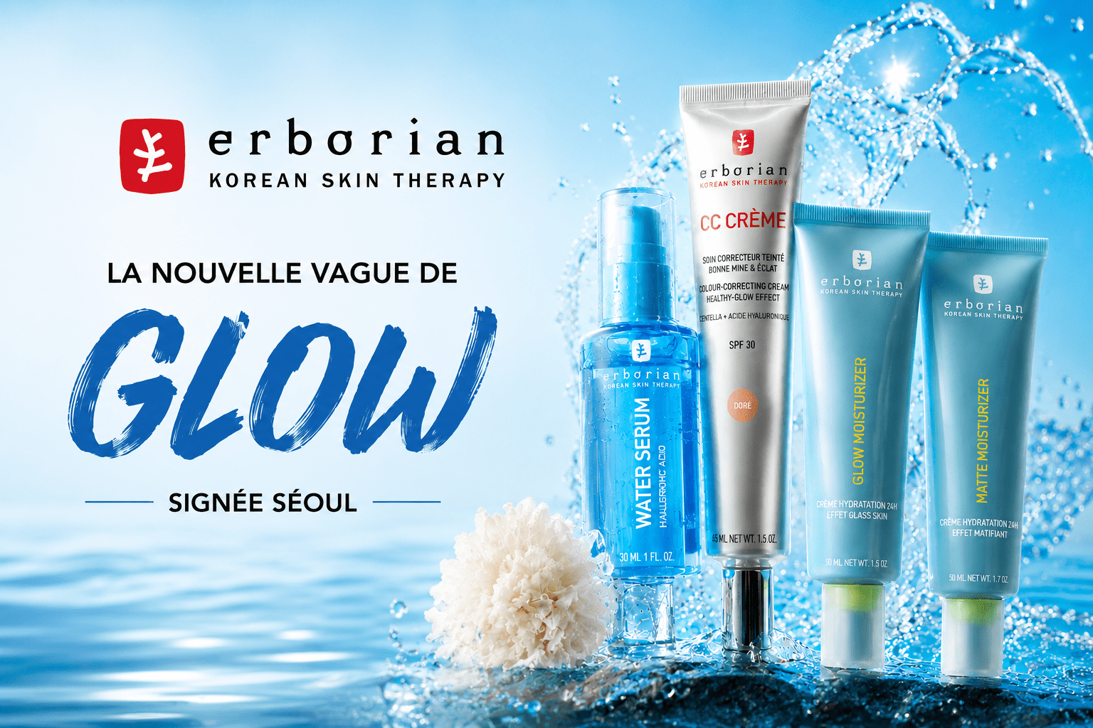 Produits Erborian skincare effet glow sur eau